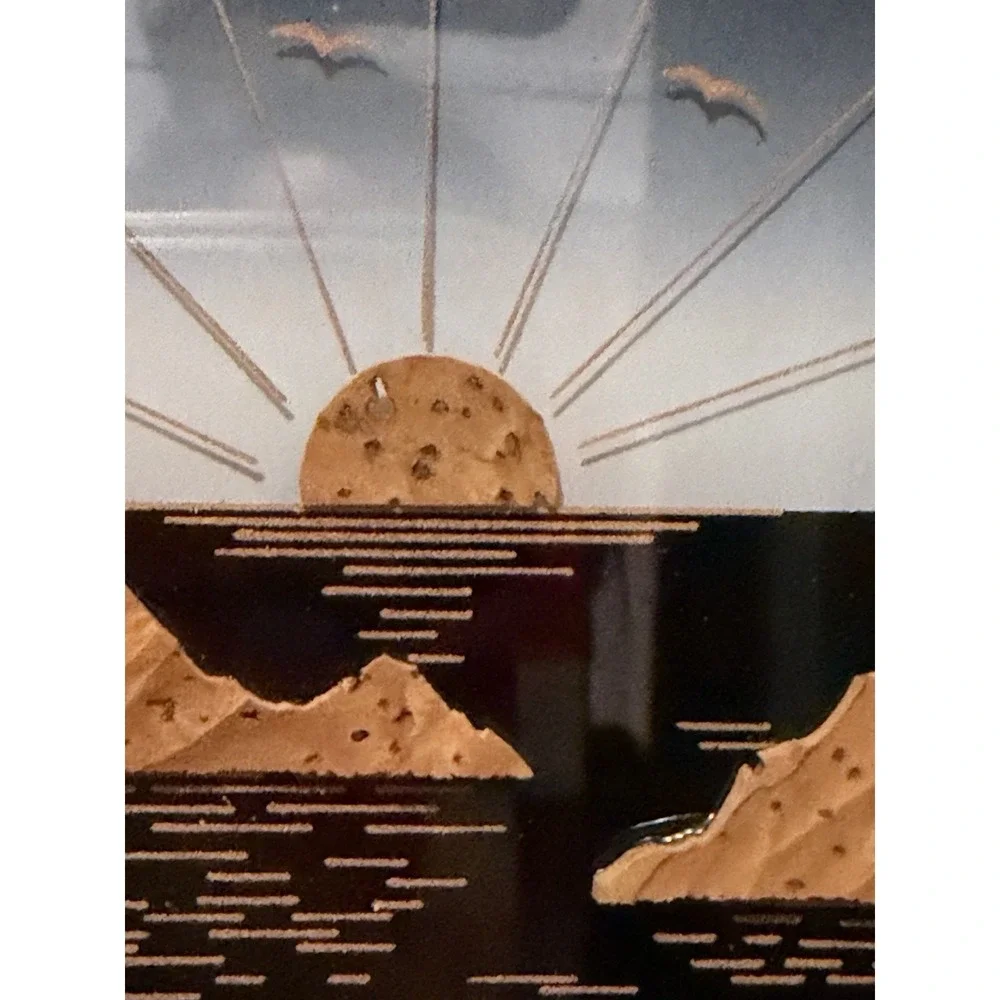 Carved Cork Asian Scene Framed Artwork Birds, Tree, Sailboat, Water